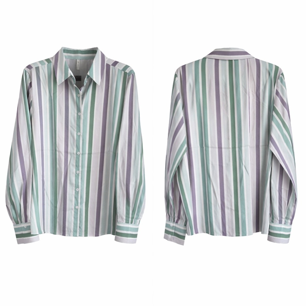 HALARA Women's Green and Grey Striped Button Down Shirt